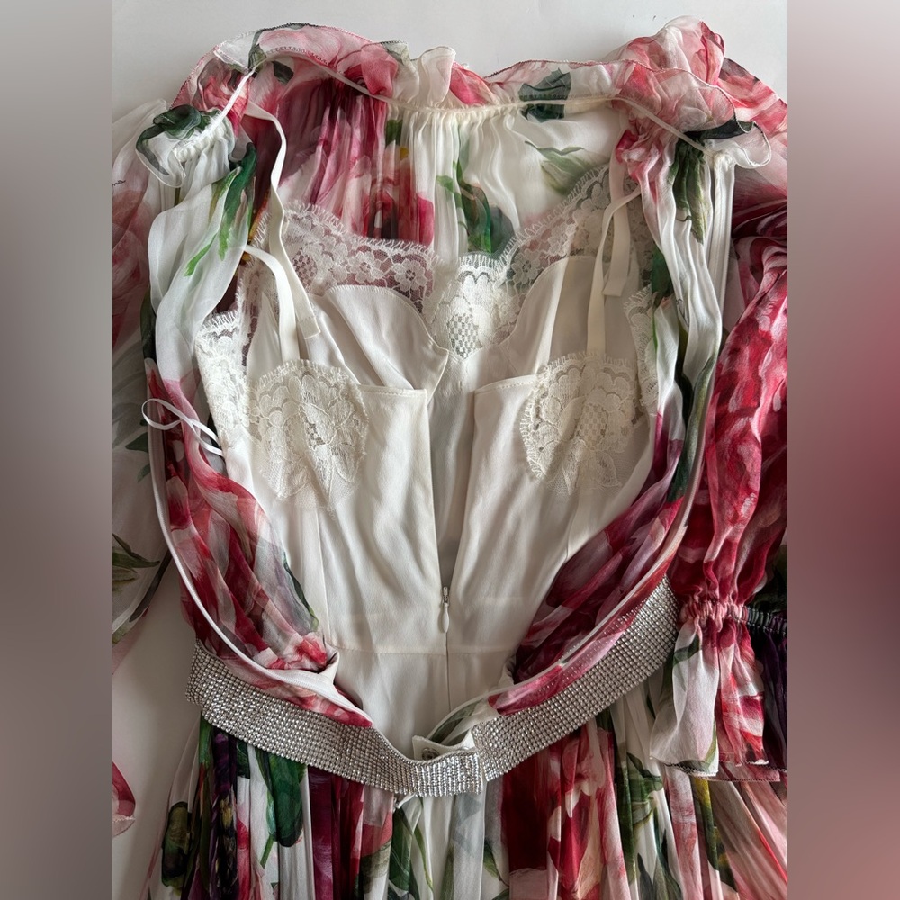 Dolce & Gabbana Peony Print Chiffon Dress With Crystal Belt - Picture 12 of 14